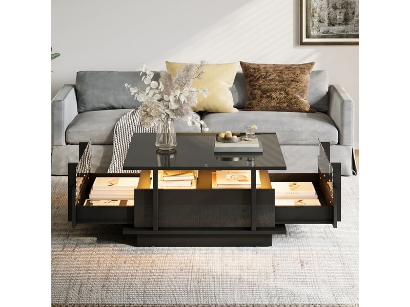  Table basse lumineuse 70x70x35cm avec éclairage led, 2 tiroirs et séparateur en acrylique transparent, design brillant gain de place, stratifié, noir OPULERANE TRADING LTD - Conforama E