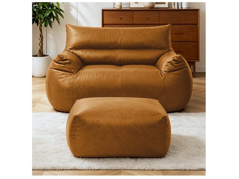  Fauteuil pouf marron avec repose-pieds, tissu technique aspect simili cuir, mousse à mémoire de forme  - Conforama D