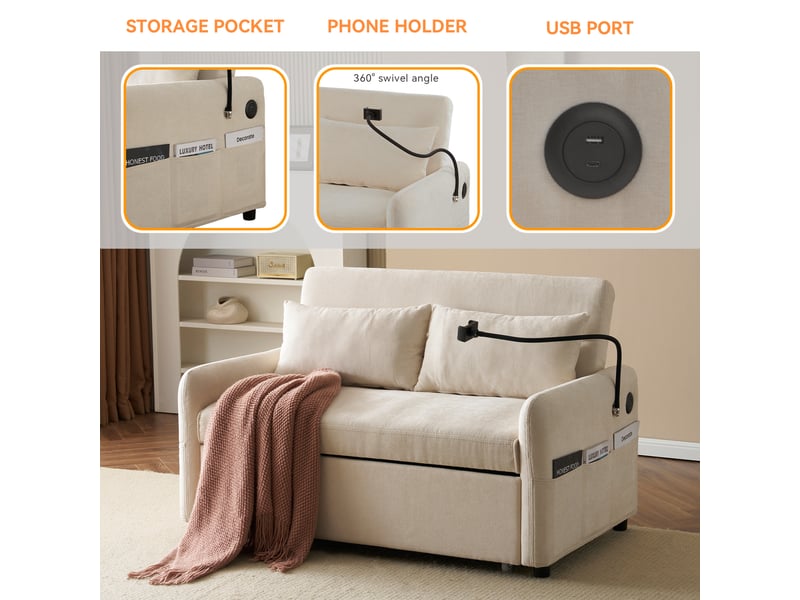 Canapé-lit 2 places multifonction, moderne, avec dossier réglable, support téléphone et port usb - Conforama B