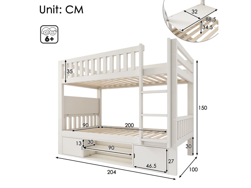  Lit superposé enfant 90×200 avec bureau rabattable et rangements intégrés, échelle et tablettes, blanc  - Conforama C