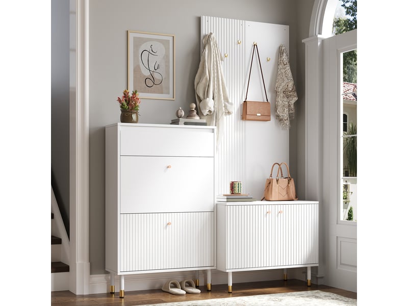  Meubles d'entrée modulaires avec 6 crochets, meuble à chaussures 2 abattants et armoire 2 portes pour hall en mdf blanc  - Conforama C