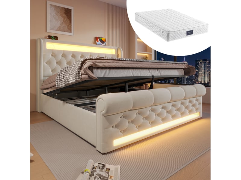 Lit double 160 x 200 cm beige en velours avec led, charge usbtype-c et matelas - Conforama B