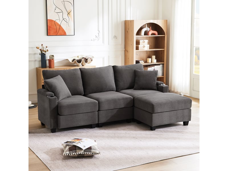  Canapé d'angle convertible 3 places 213,5 x 139 x 87 cm, forme l, pouf, porte-gobelets, usb, tablette d'accoudoir, 2 coussins, velours côtelé, beige Bliss Lite - Conforama B