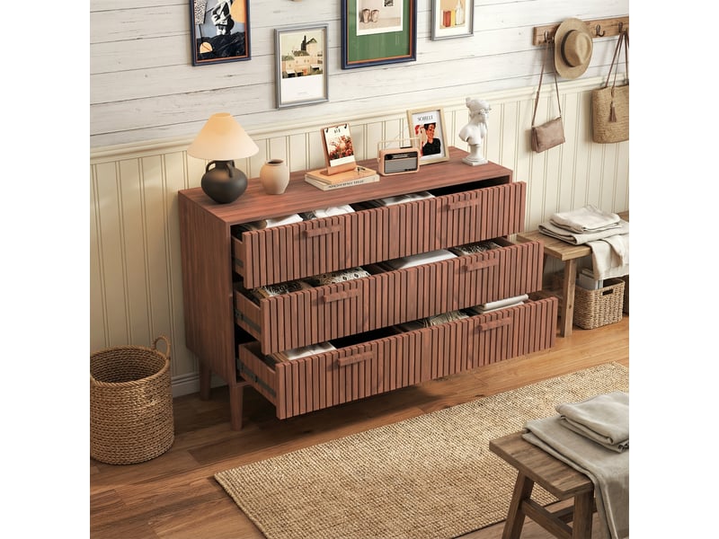 Commode 100, 6 tiroirs, buffet 100, commode chambre, design à lattes verticales, meuble de rangement, couleur noyer - Conforama D