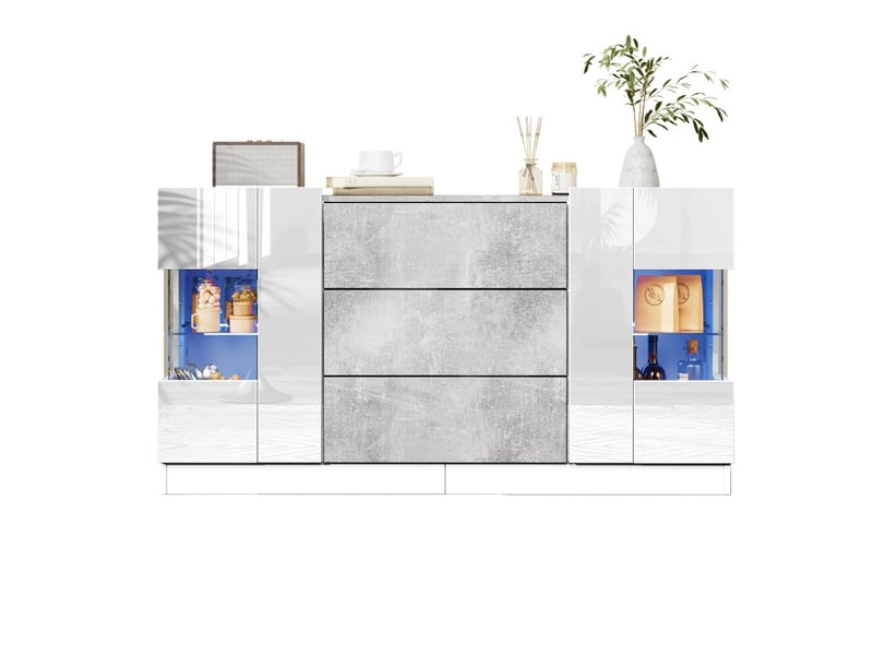  Buffet à 2 portes et 3 tiroirs, 140 x 35 x 75 cm, armoire de cuisine avec éclairage led  - Conforama A