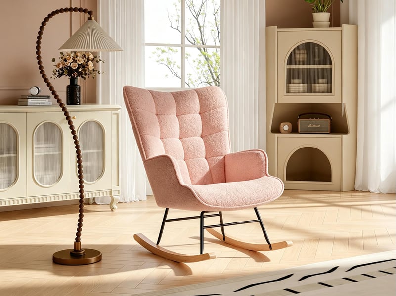  Pink teddy bear plush rocking chair, square tufted high-backed cushioned rocking chair with wooden rocking rod, suitable for bedroom, nursery, and living room.  - Conforama E