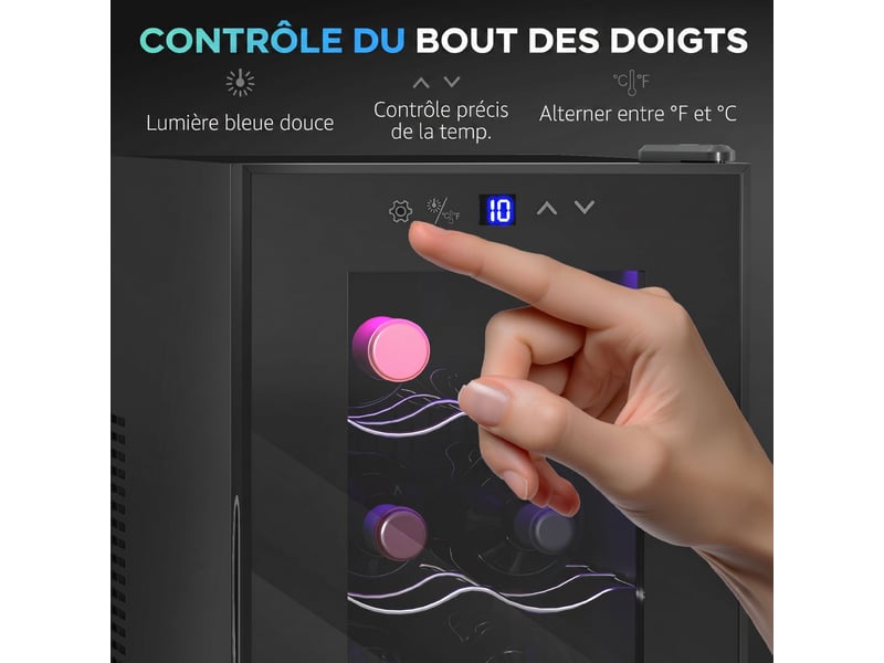 Cave à vin 8 bouteilles 21l, réfrigérateur à vin et boissons avec température réglable 8-18°c, noir, porte en verre - Conforama W