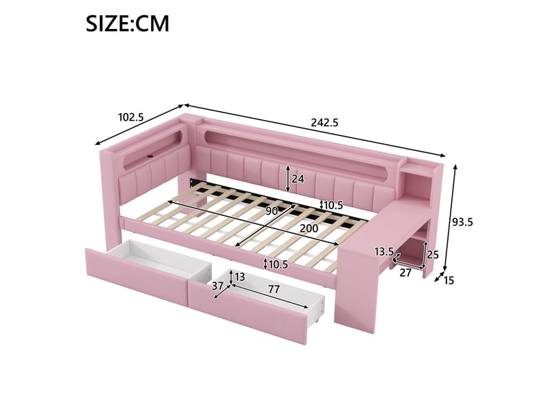  Lit de jour rembourré 90 x 200 cm avec led, usb, bureau et 2 tiroirs rose  - Conforama C