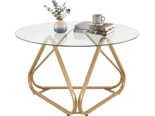 Table basse ronde en verre trempé, table de salon transparente avec structure métallique triangulaire, charge 45 kg, table d'appoint moderne (or)