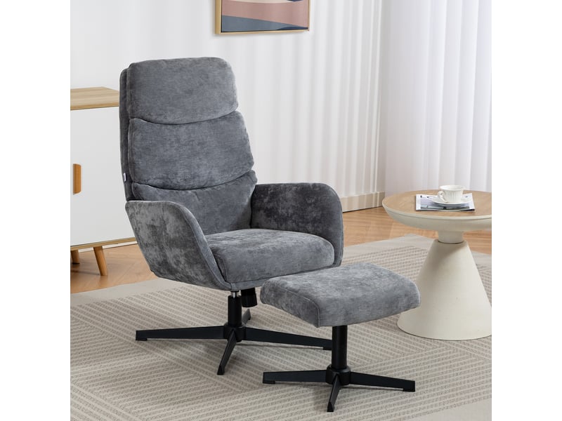  Fauteuil rembourré avec repose-pieds, fauteuil lounge à dossier haut, piètement en métal, pour salon, chambre, gris  - Conforama D