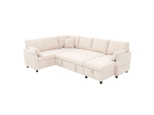 Canapé d'angle convertible 6 places 255x196 cm avec méridienne réversible, coffre de rangement, fonction lit, usb type-c et poches latérales - beige