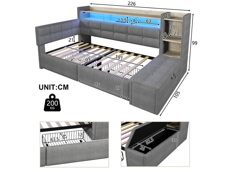  Lit 1 place, 90x190 cm, lit 1 place, 2 tiroirs pratiques, coffre, connectiques usb type c, led, velours, coloris gris  - Conforama C