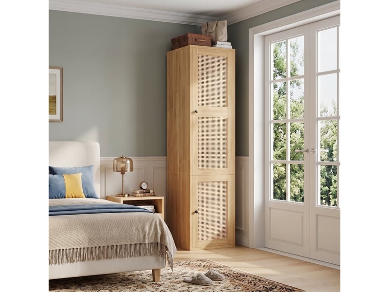  Armoire penderie 45x47x200 cm - 1 porte cannage - 3 tiroirs - rangement étroit - mdf et rotin - effet chêne CozyNest - Conforama D