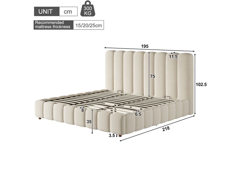  Lit coffre 180 × 200 cm 2 places avec grand rangement hydraulique, sans matelas, en velours beige  - Conforama D
