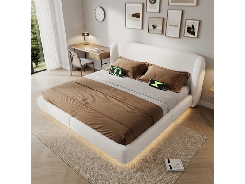  Lit adulte 180 x 200 cm, conception suspendue, éclairage led, prise de recharge, tissu chenille, gris  - Conforama D