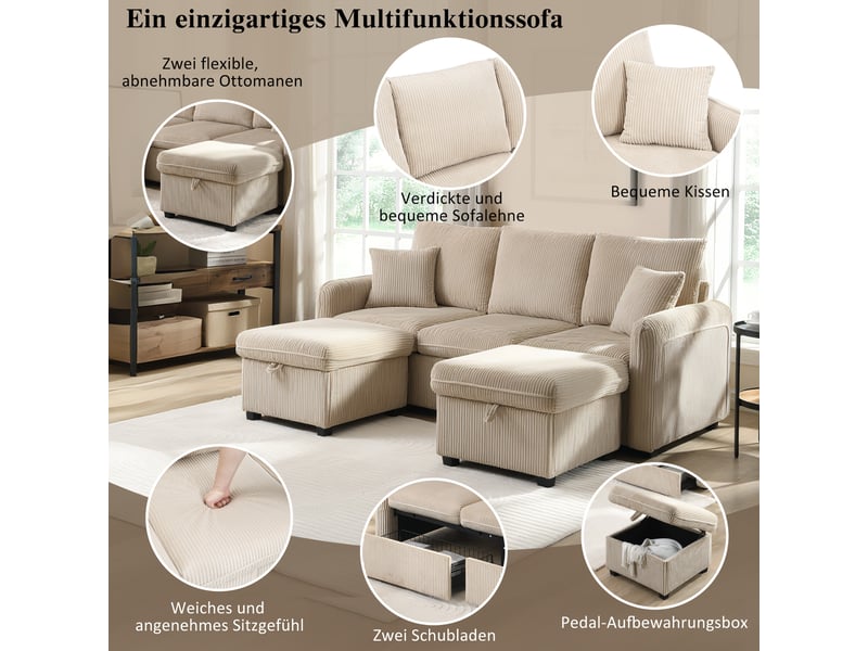 Canapé d’angle en u 3 places 188x186x86 cm convertible avec tiroirs, pouf coffre, modules séparables, chenille, beige Sol Morn - Conforama E