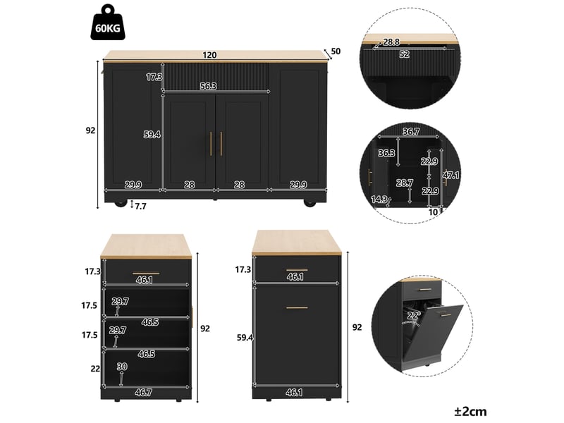  Îlot de cuisine sur roulettes 120x50x92 cm, 2 portes et 3 tiroirs, noir  - Conforama E