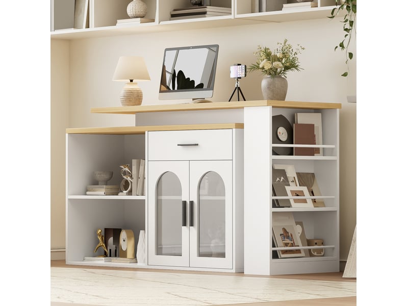  Desserte de cuisine 120x50x78 cm, à plateau pivotant, avec rangements intégrés, structure mdf, meuble cuisine, blanc  - Conforama E
