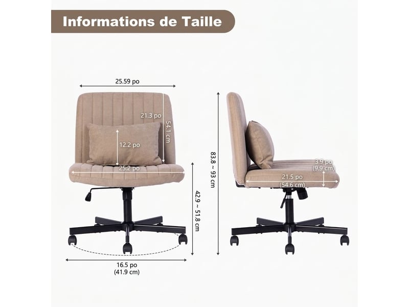 Chaise de bureau pivotante en tissu réglable en hauteur sans accoudoirs à roulettes silencieuses - Conforama E