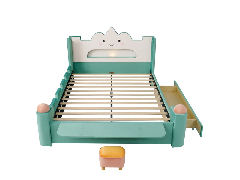 Lit enfant capitonné, lit simple, lit nuage avec lampe de lecture led et port usb, tiroir de rangement installable à gauche ou à droite, tabouret, étagère pliable, protection antichute, revêtement en velours, bleu canard, 140 x … - Conforama D