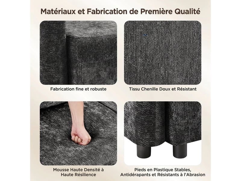  Canapé d'angle 3 places en l avec méridienne 144 cm, revêtement en chenille douce, 2 coussins inclus  - Conforama W