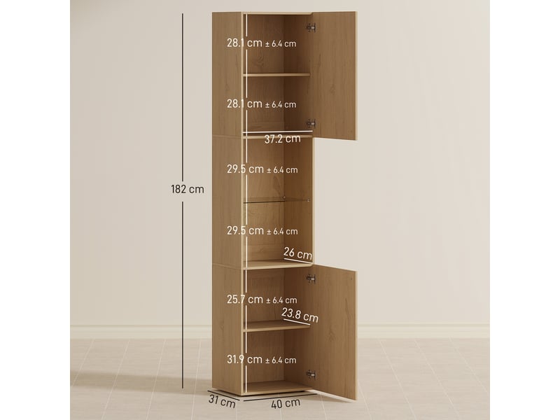  Meuble de salle de bain étroit avec 6 étagères, 2 portes, compartiments ouverts, étagère en verre de sécurité, étagères réglables, chêne  - Conforama E