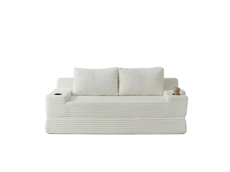  Canapé droit 2-en-1 en tissu côtelé, 2 coussins déco, porte-boissons et poches, 62x180x85 cm, beige  - Conforama A