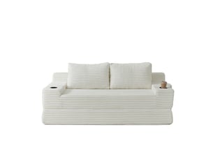 Canapé droit 2-en-1 en tissu côtelé, 2 coussins déco, porte-boissons et poches, 62x180x85 cm, beige