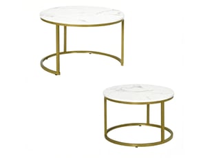 Tables basses gigognes rondes lot de 2 gain de place - acier, panneau effet marbre blanc et doré