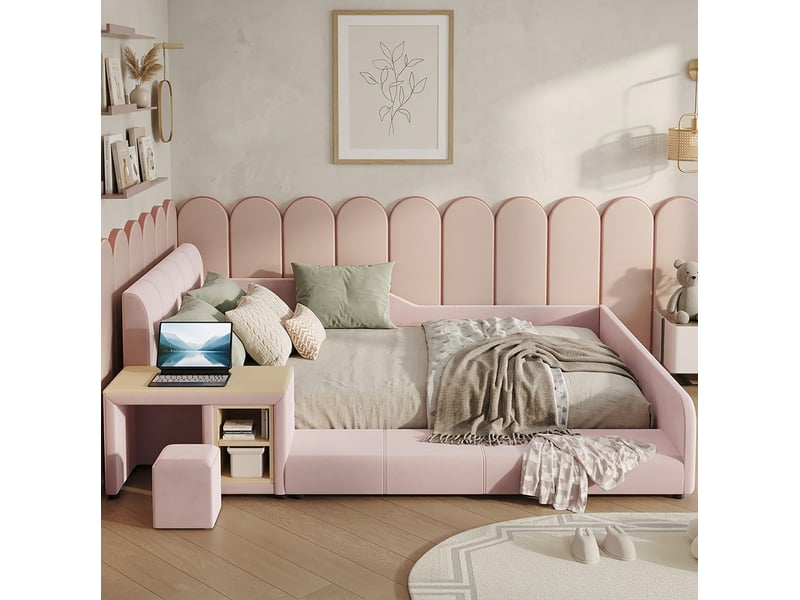  Lit enfant 140x200 cm avec bureau, tabouret et étagère en velours rose  - Conforama E