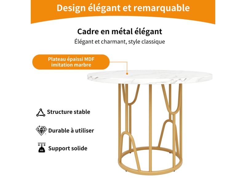  Table à manger d80xh76cm, table ronde, plateau en mdf avec motif de marbre, pied en métal, style design, blanc+doré  - Conforama E