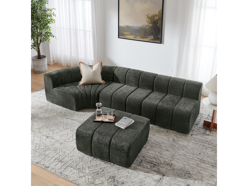 Canapé d'angle modulable compressé 4 places 283x198x64,7 cm, modules libres utilisables en pouf, table ou siège, chenille gris - Conforama D