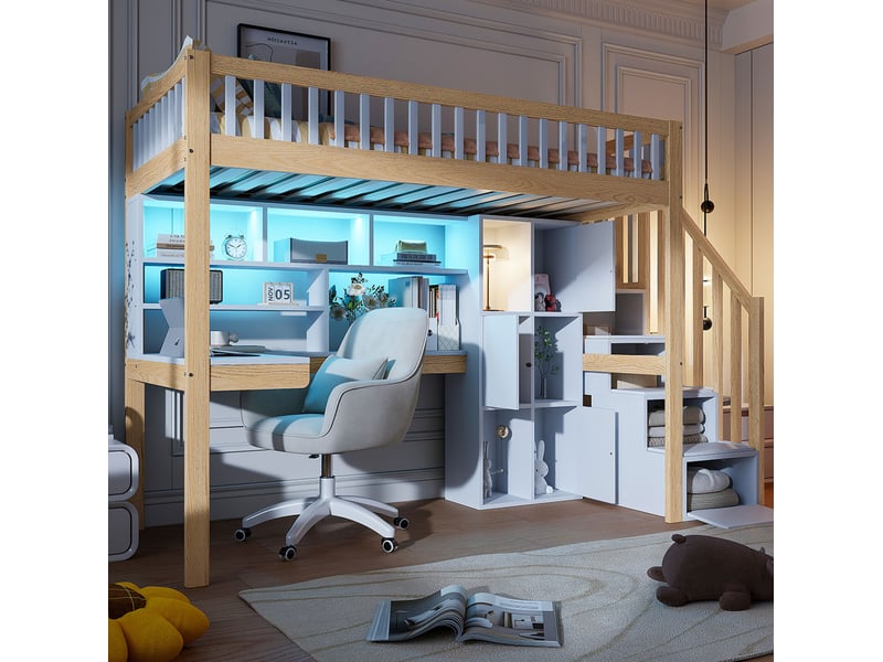  Lit mezzanine, 90x200 cm, avec led, bureau intégré, échelle, matelas non inclus, bois et mdf, coloris blanc et naturel  - Conforama D