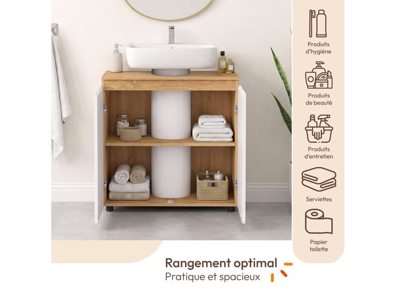  Meuble sous lavabo salle de bain tomi façon hêtre et blanc  - Conforama D