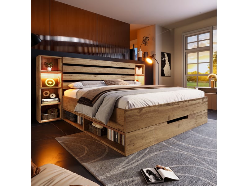  Lit double 160x200 cm avec led, ports usb type-c et rangements, métal et bois, chêne sans matelas  - Conforama D