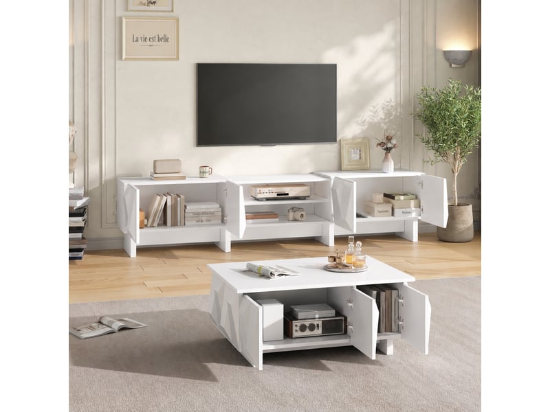  Ensemble meuble tv et table basse blanc avec façades à relief géométrique  - Conforama B