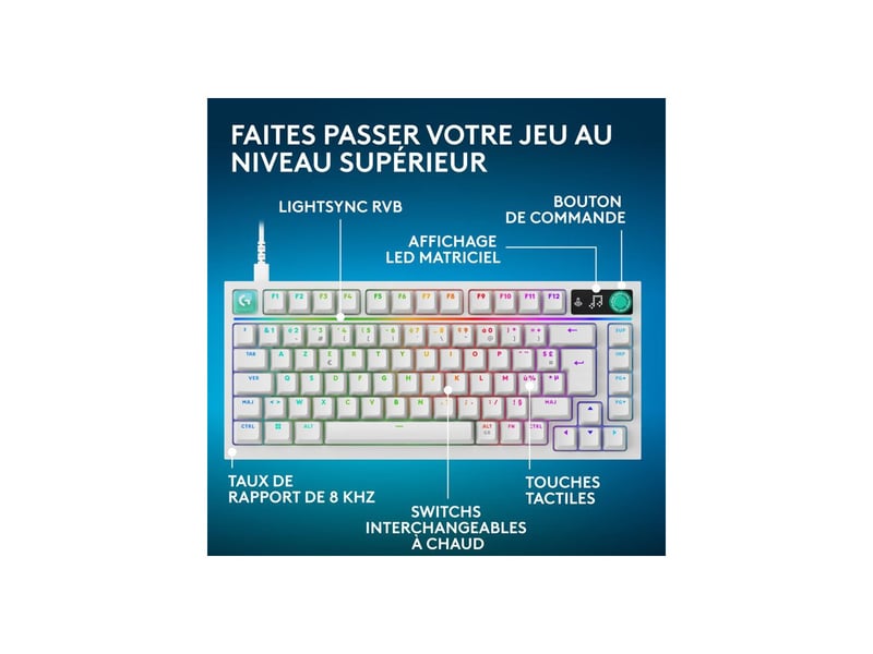  Clavier gaming 75% azerty filaire usb g316 x 75 blanc avec rgb per touche LOG5099206139268 - Conforama B