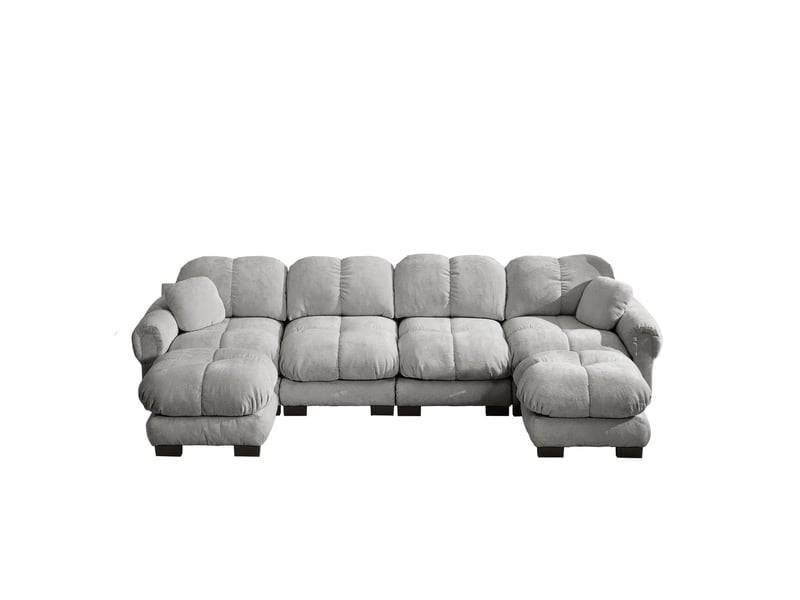 Canapé d'angle u à 4 places modulable, tissu chenille, gris clair, avec 2 ottomanes mobiles, design matelassé fin, confortable, ergonomique, facile à monter - Conforama A
