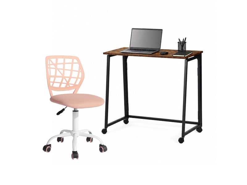 Ensemble bureau et chaise gain de place pour télétravail et étudiant, marron + rose Bureau et Chaise