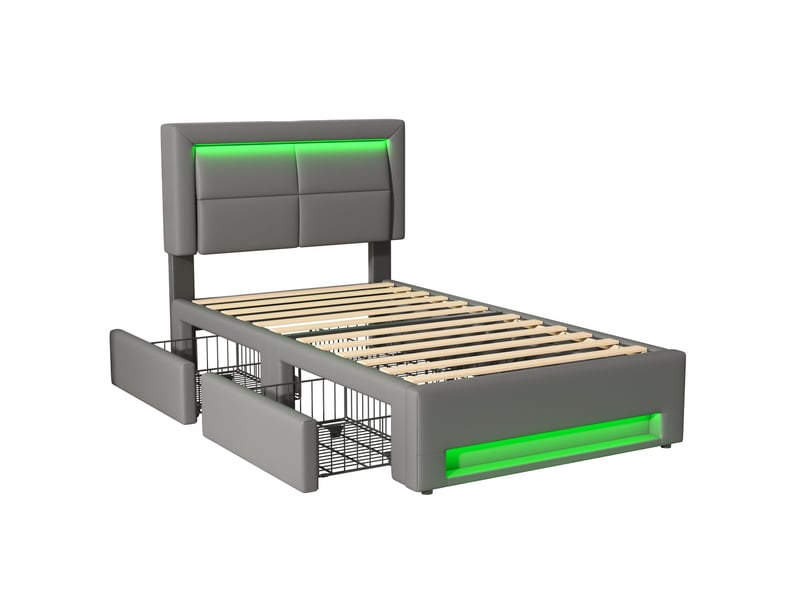  Lit capitonné 90x190 cm gris avec port usb, led et quatre tiroirs de rangement  - Conforama R
