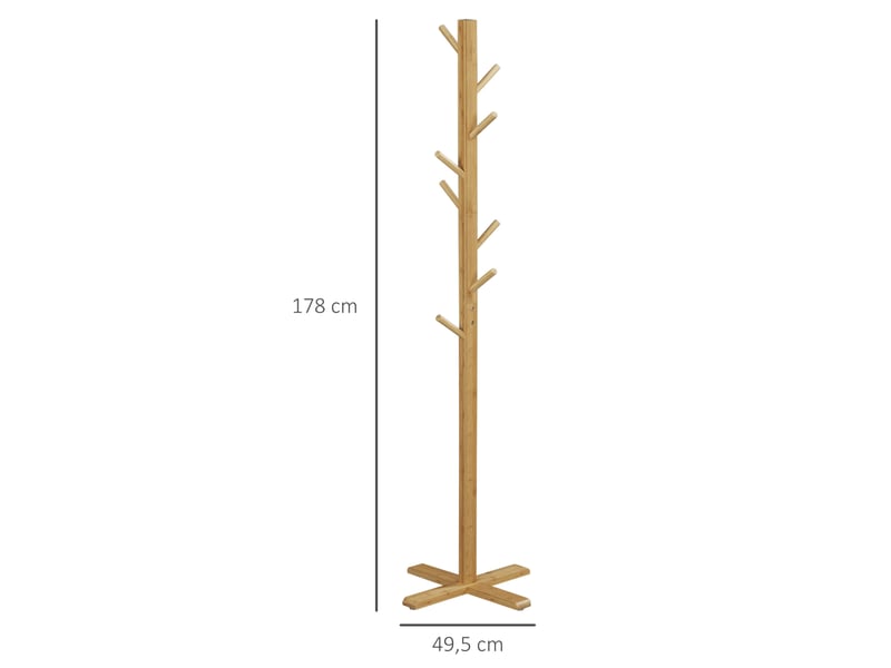  Porte manteaux sur pied 49,5 x 49,5 x 178 cm en bambou avec 8 crochets, pour entrée et chambre, naturel et fonctionnel  - Conforama C