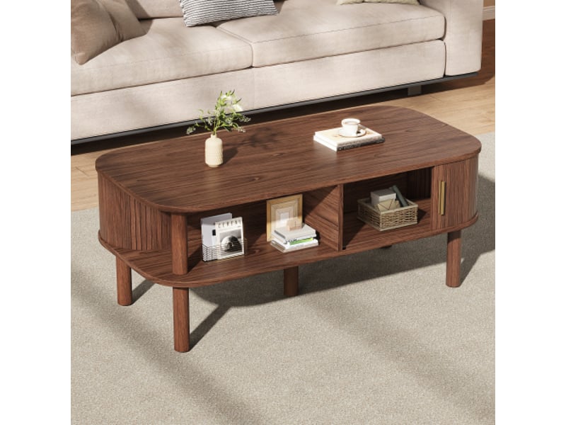  Table basse 110 x 55 x 45 cm - porte coulissante rainurée - rangement ouvert - mdf et bois - noyer  - Conforama D