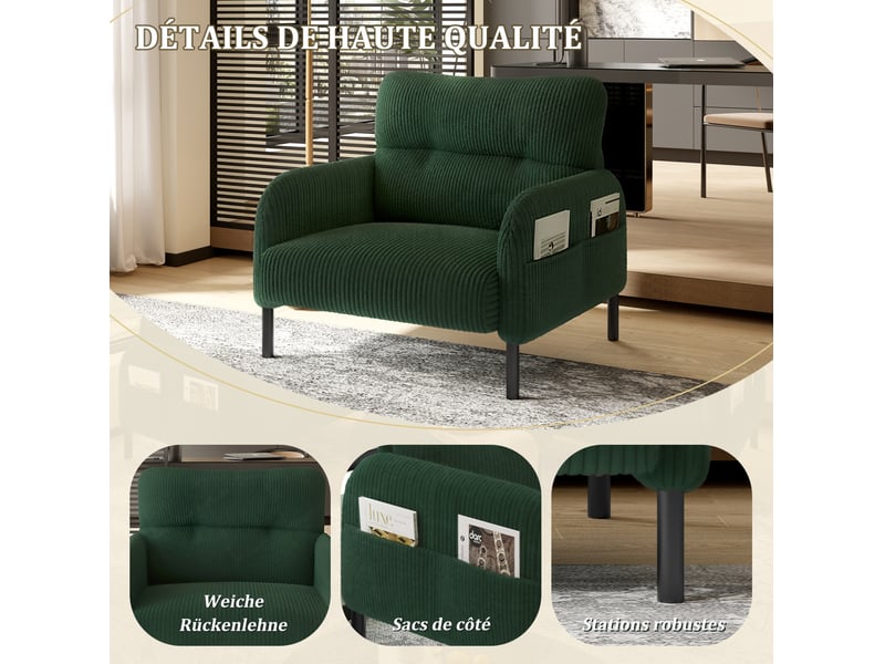 Fauteuil profond d'appoint, 67x75x79 cm, poche latérale, dossier ergonomique, assise large, velours côtelé, émeraude - Conforama E