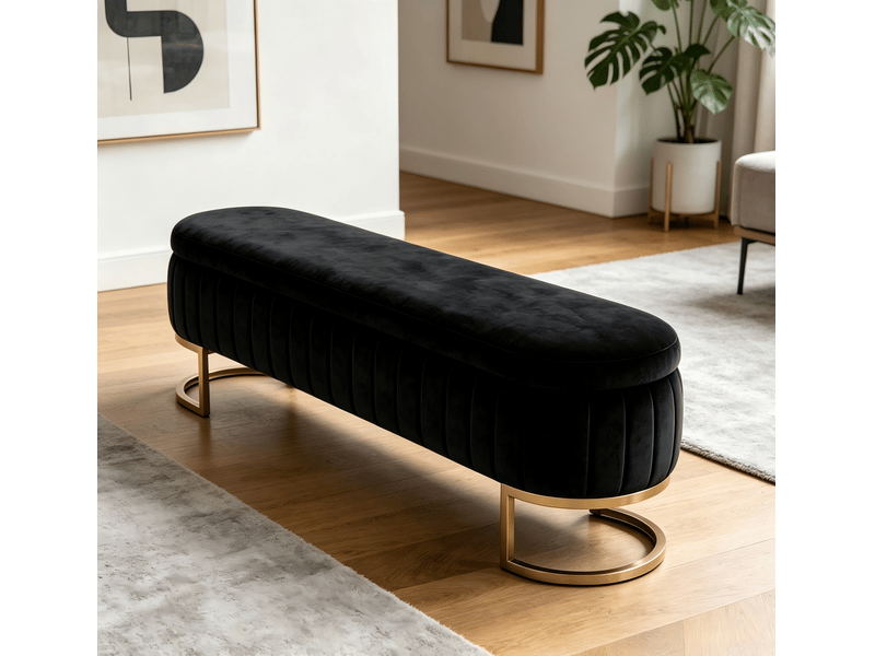  Banquette de lit en velours avec rangement 130 cm, pieds en métal doré, coffre intégré  - Conforama E