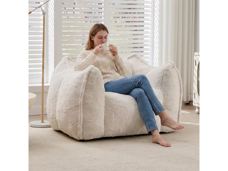  Fauteuil poire 1 place - 123x97x73cm - avec oreiller de confort - pouf géant en fourrure synthétique beige  - Conforama D
