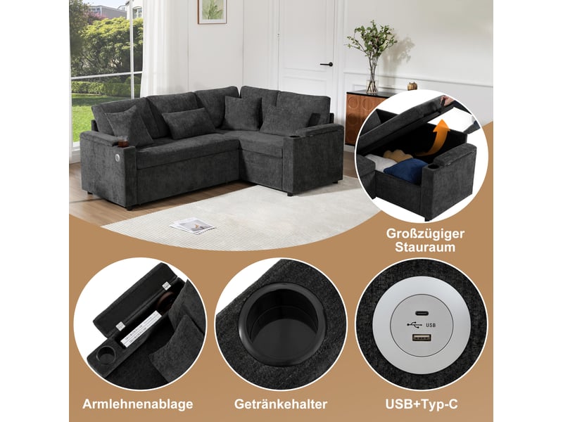 Canapé d'angle convertible 206,5 x 141 cm – gris foncé – rangement, usb, porte-gobelets et 4 coussins - Conforama E