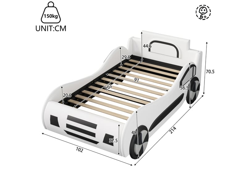  Lit enfant voiture 90x200 cm blanc avec sommier à lattes, rangement hydraulique et montage requis, sans matelas  - Conforama C