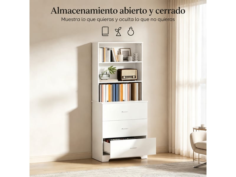  Bibliothèque blanche avec 3 tiroirs et 3 étagères ouvertes, rangement moderne pour le salon ou le bureau  - Conforama E