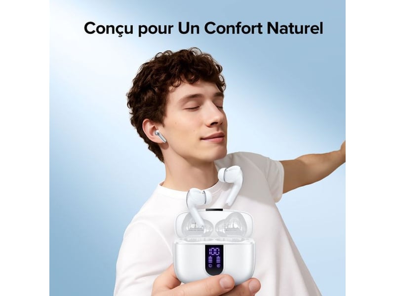  Ecouteurs sans fil tws bluetooth 5.4 ipx5 sport blanc avec micro et boitier  - Conforama E