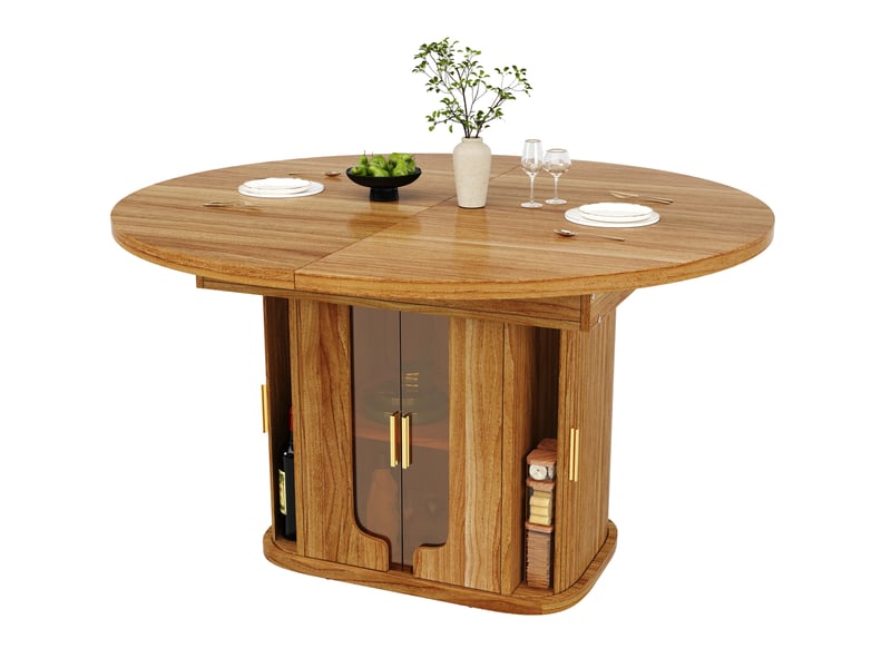  Table de salle à manger extensible pour 6 personnes avec rangement et portes vitrées en mdf noyer 118 × 118 × 77 cm  - Conforama A